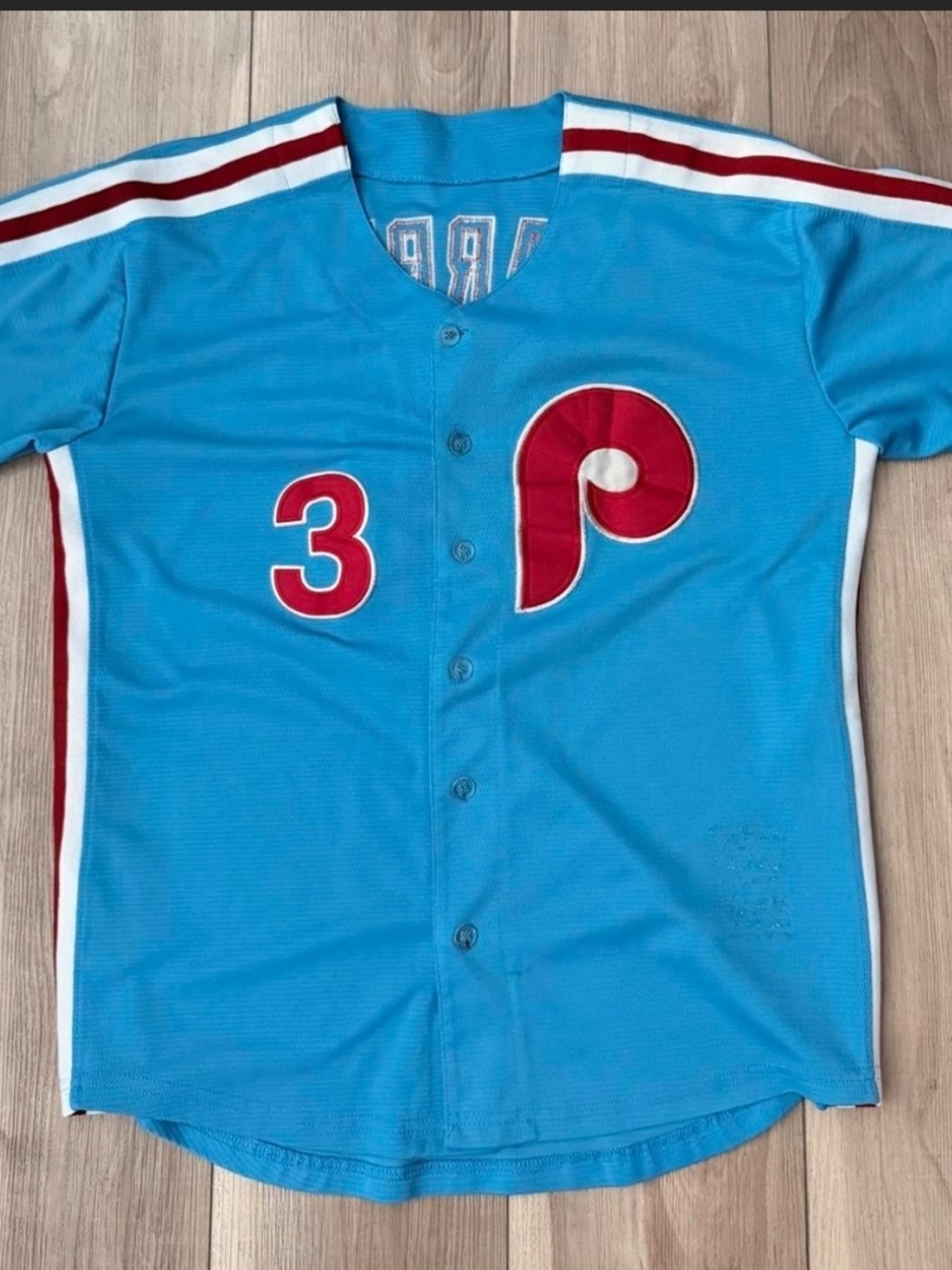 Philadelphia Phillies Mens Light Blue Button-Up Jersey - #3